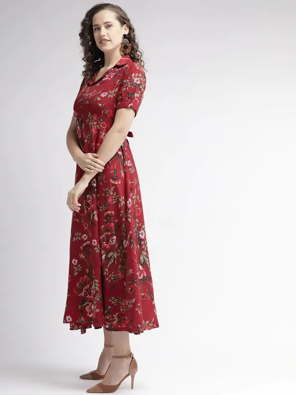 Maroon_&_Olive_Green_Floral_Print_Shirt_Collar,Puff_Sleeves_Maxi_Dress